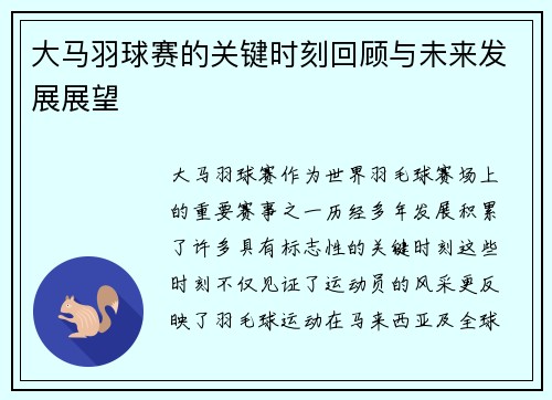大马羽球赛的关键时刻回顾与未来发展展望
